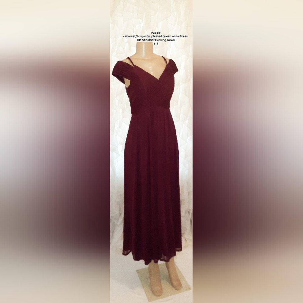 Azazie | Cabernet Pleated Front Queen Anne Dress Off Shoulder Evening Gown 4-6
